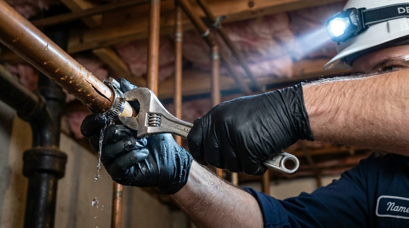 Emergency pipe clamp repair being performed by a Johns Plumbing LLC plumber in Wilton