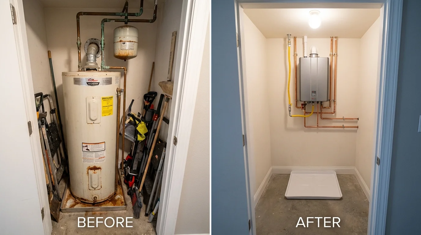 Tank water heater versus wall-mounted tankless unit comparison for Wilton, NH homeowners