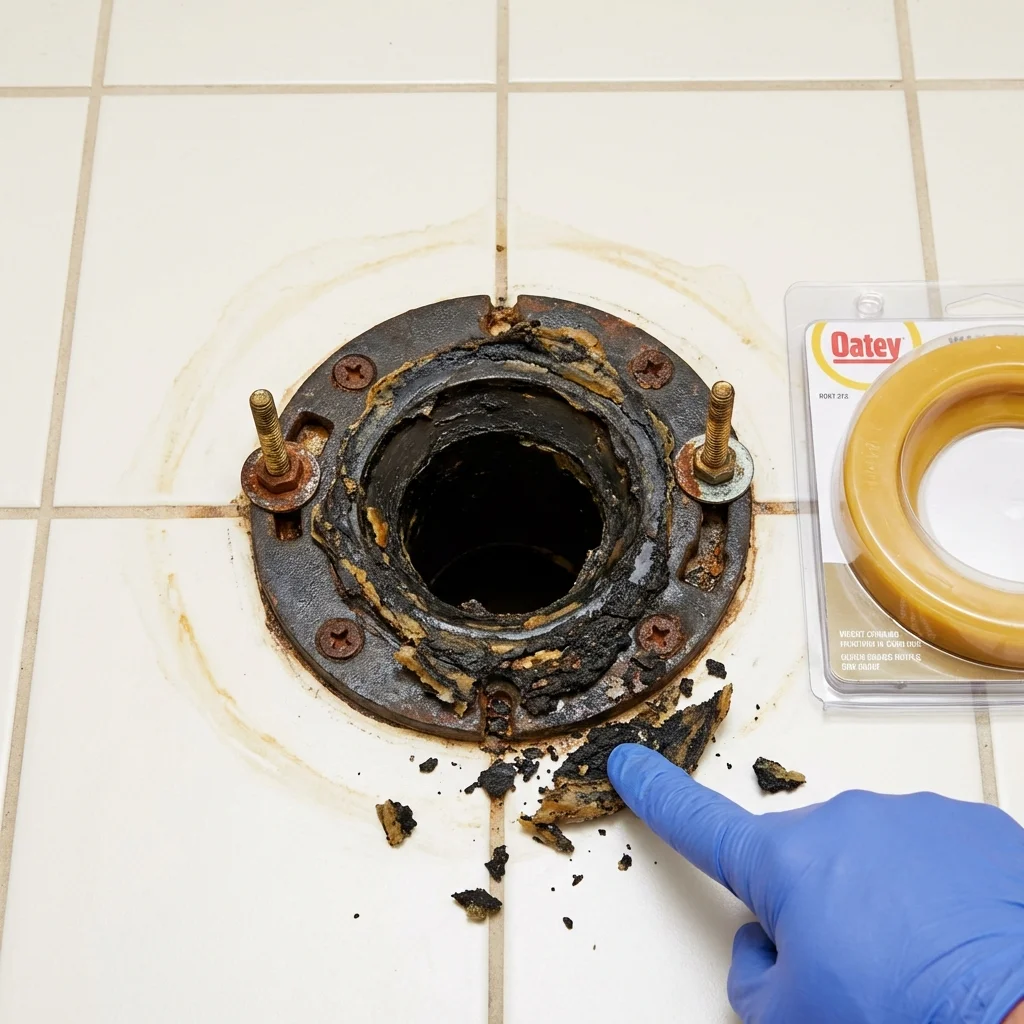 Failed wax ring showing water seepage at the base of a toilet in a Wilton, NH home