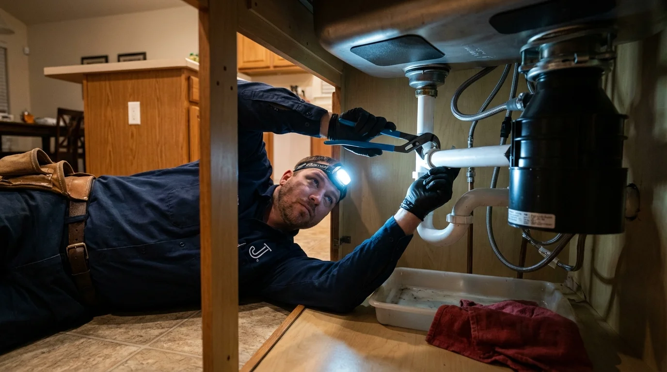 P-trap and supply line connections under a kitchen sink showing a common leak point in Wilton, NH
